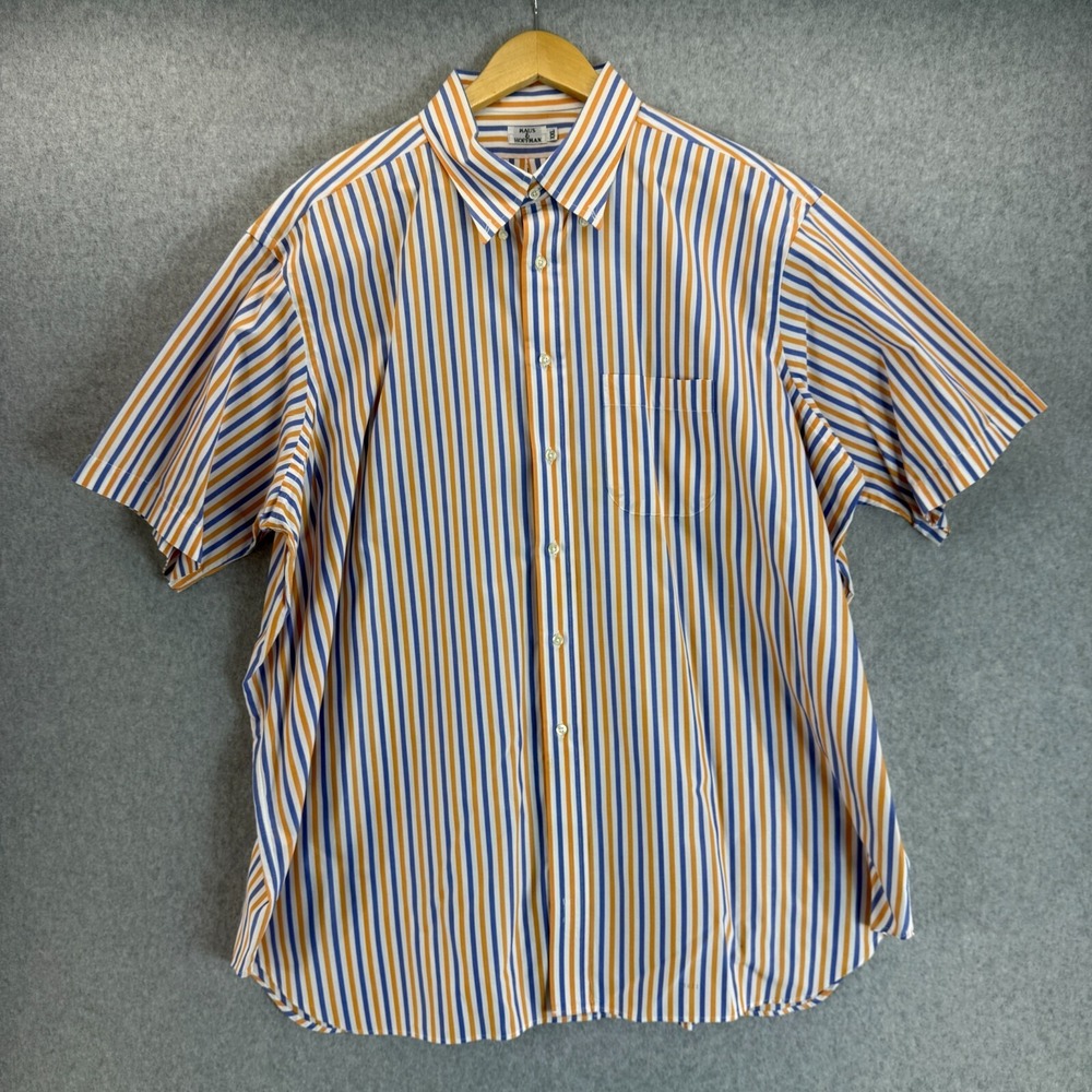Maus & Hoffman Mens XXL Blue Orange Stripes Short Sleeve Cotton Shirt Buttoned